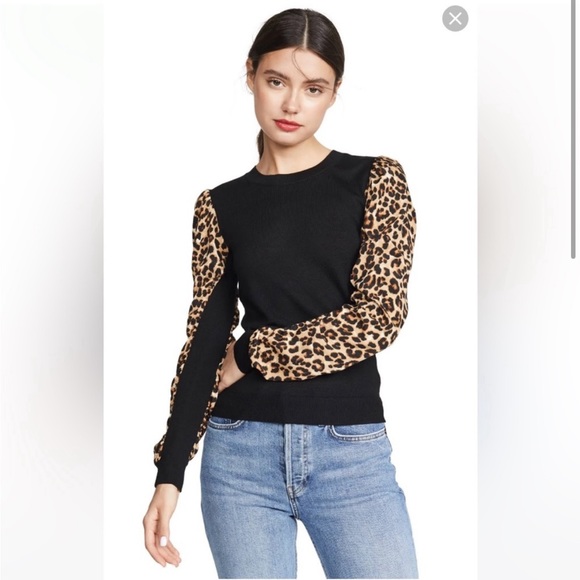 Veronica Beard Adler Mixed Media Animal Print Leopard Wool Black Sweater - Picture 4 of 7